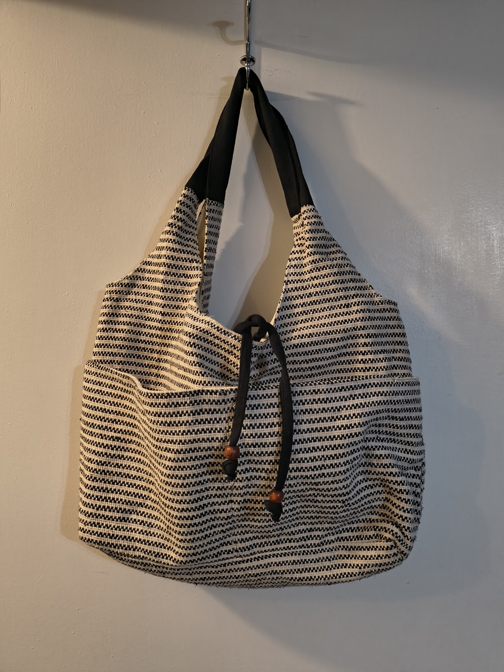 Woven Black & Cream Hobo Tote Bag